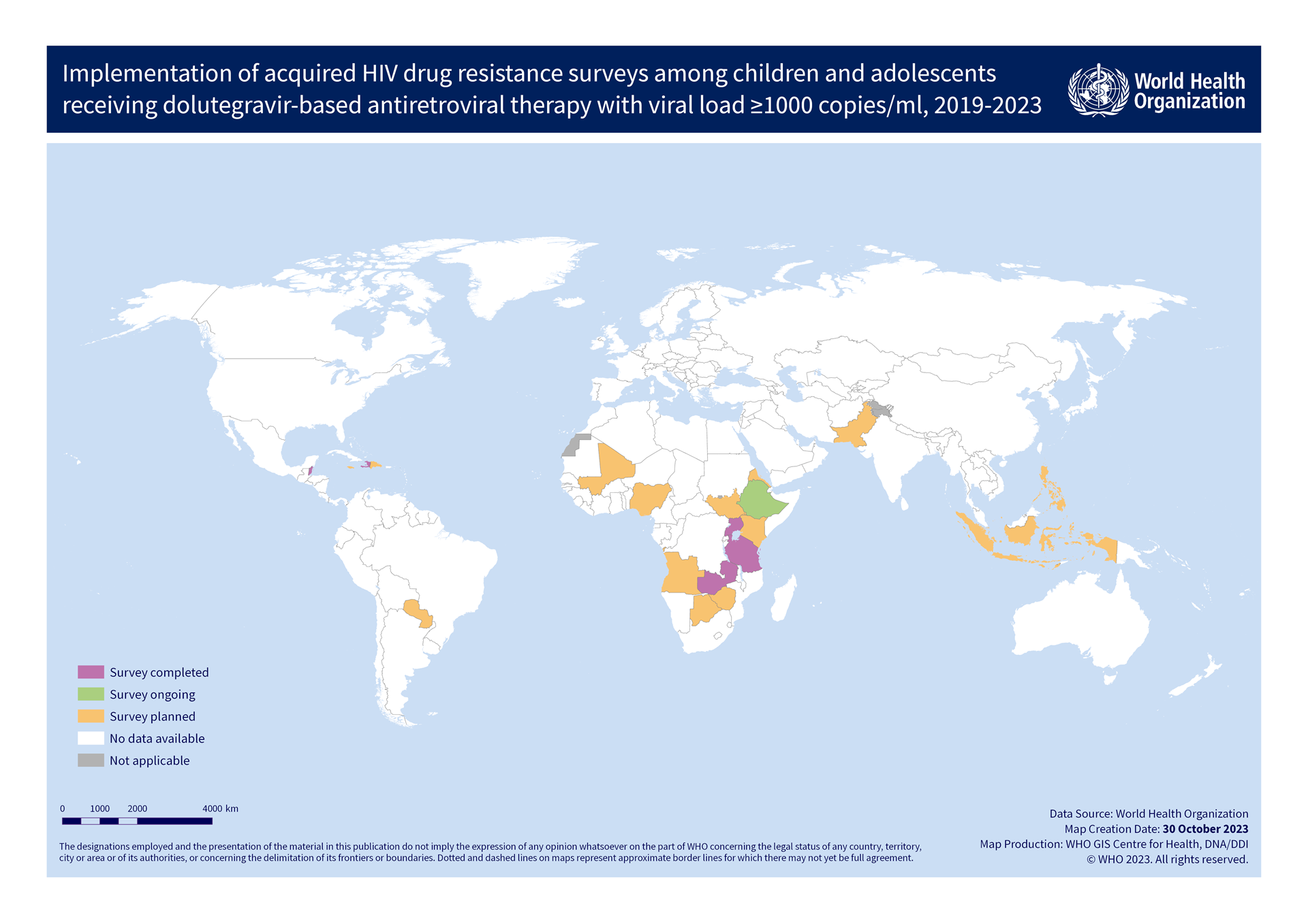 Map showing implementation of acquired HIV drug resistance surveys among children and adolescents receiving dolutegravir-based antiretroviral therapy with viral load ≥1000 copies/ml, 2019-2023