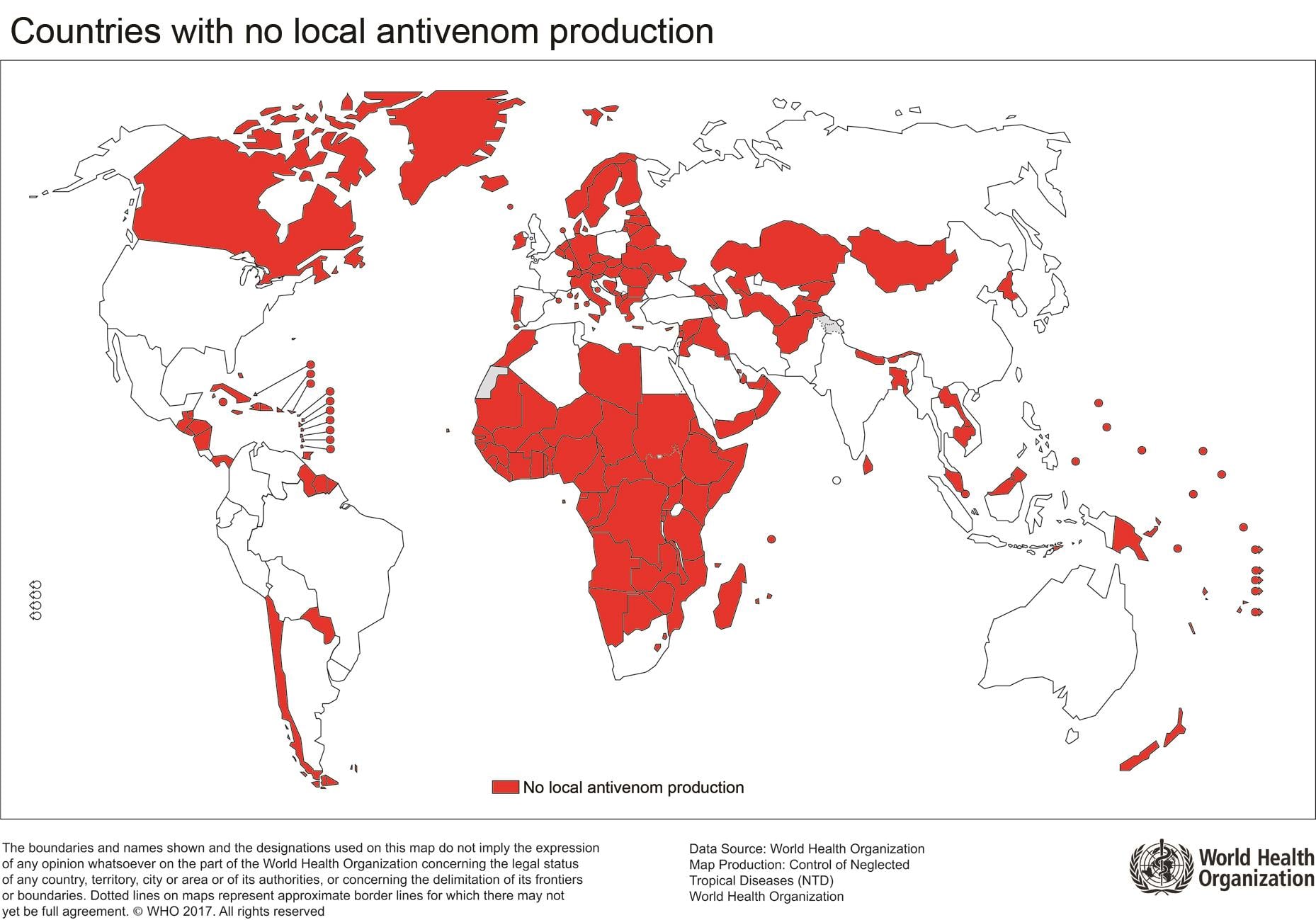 Map showing countries that do not have local antivenom production