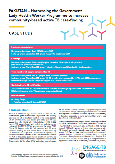 Pakistan – Harnessing the Government Lady Health Worker Programme to increase community-based active TB case-finding